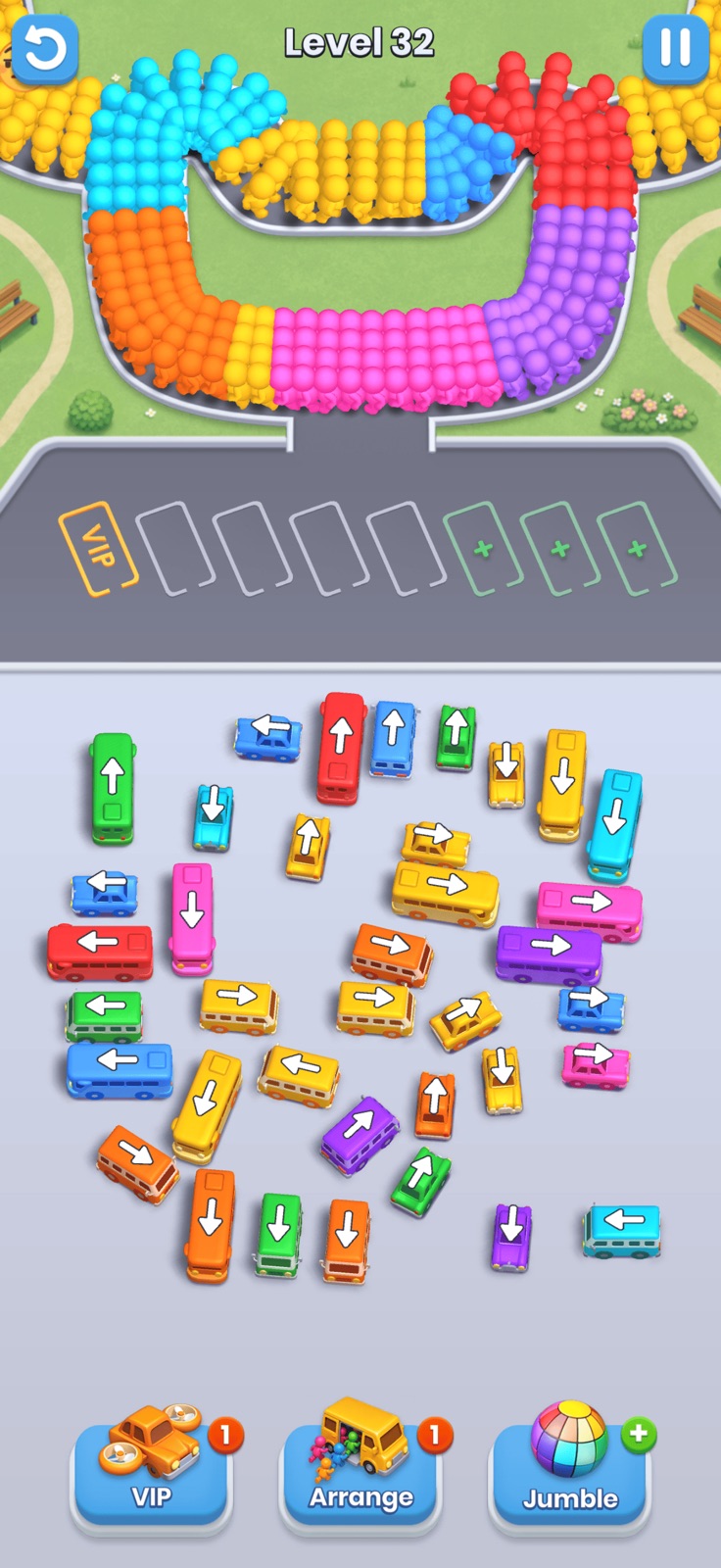 Bus Fever Party!：色ごとの乗客の列と、出発を待つバスの配置