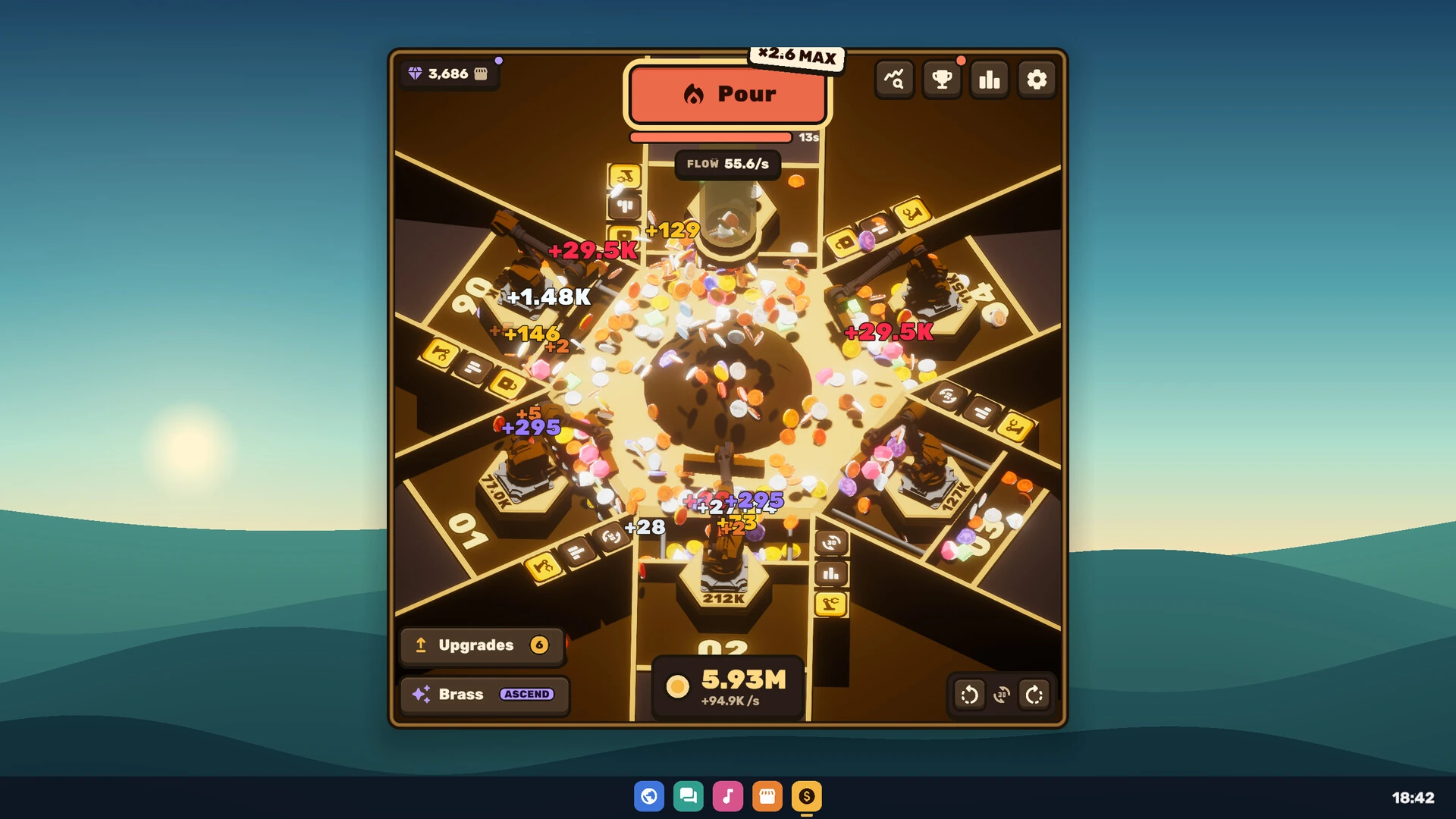 Coin Harvest：コインが流れ込む島と周囲のロボットアームが見える公式画面
