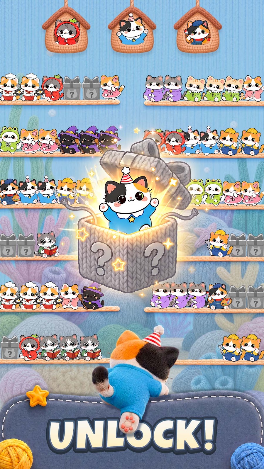 猫の配置と棚の仕掛けを示すEasetouch版Cutie Sort