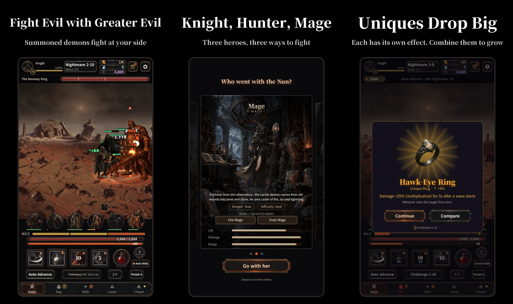 Demon Summoner Idle：悪魔と挑むボス戦、3職業の英雄選択、ユニーク装備のドロップの公式画面を原比率で横に並べたアイキャッチ
