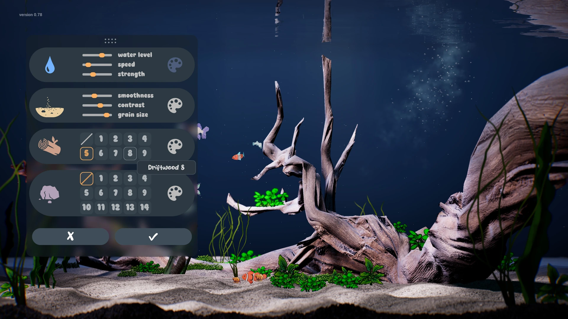 Drawquarium：流木の形や色合いを調整して水槽を飾る公式画面