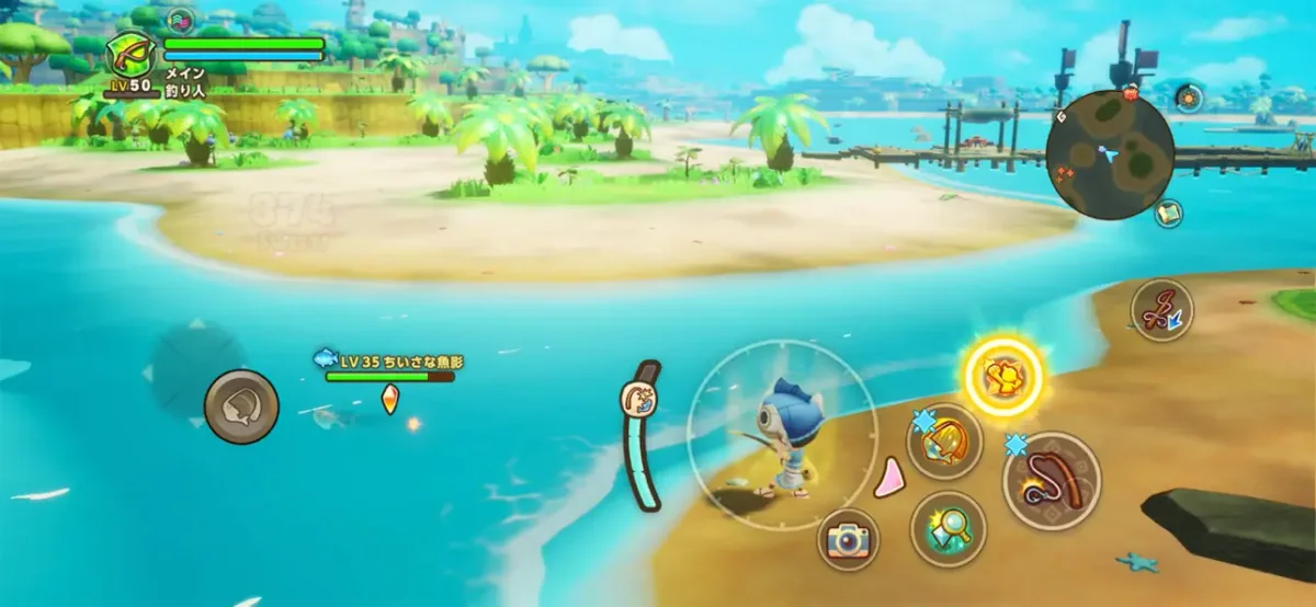 ファンタジーライフｉ：水辺で釣りを行うスマートフォン版の公式ゲーム画面
