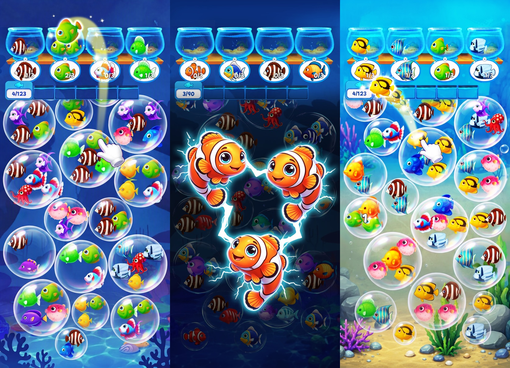 Fish Sort Puzzle:フィッシュソート泡を消そう：同作品の公式紹介画面を原比率で並べた画像