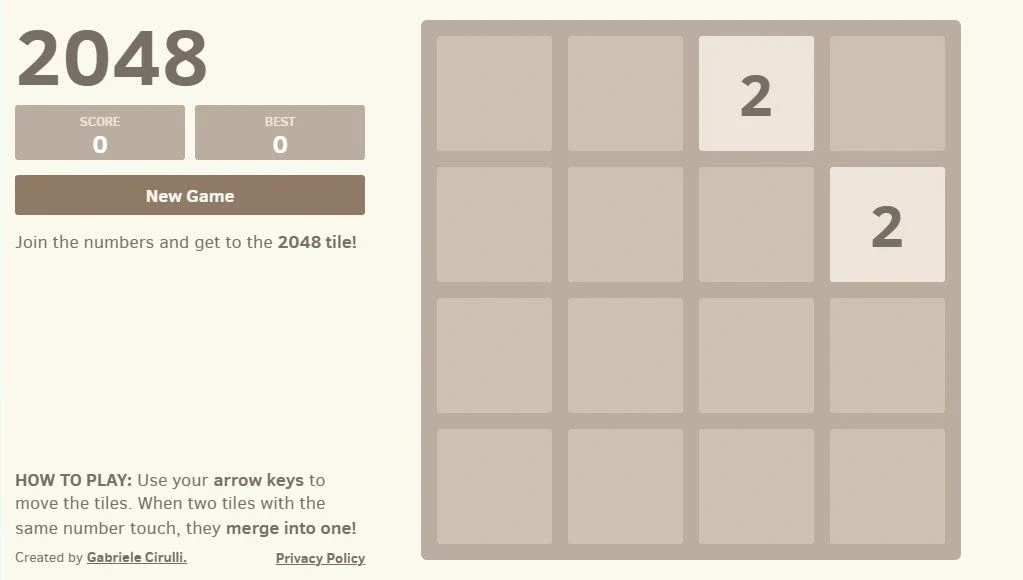 2048：数字の2が2つある開始盤面