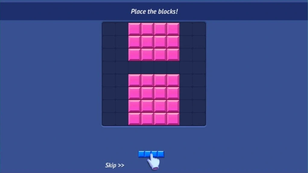 Blocky Blast Puzzle：Blocky Blast Puzzle のチュートリアル。ピンクのブロックの隙間へ青い横長ブロックを配置する案内が表示されている。