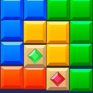 Blocky Blast Puzzle：Blocky Blast Puzzle のPoki公式紹介動画。青・黄・緑・赤のブロックが盤面に埋まり、緑と赤の宝石入りブロックも見える。