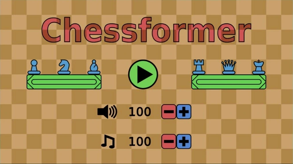 Chessformer：Chessformer のタイトル画面。チェスの各駒と緑の開始ボタンを表示。