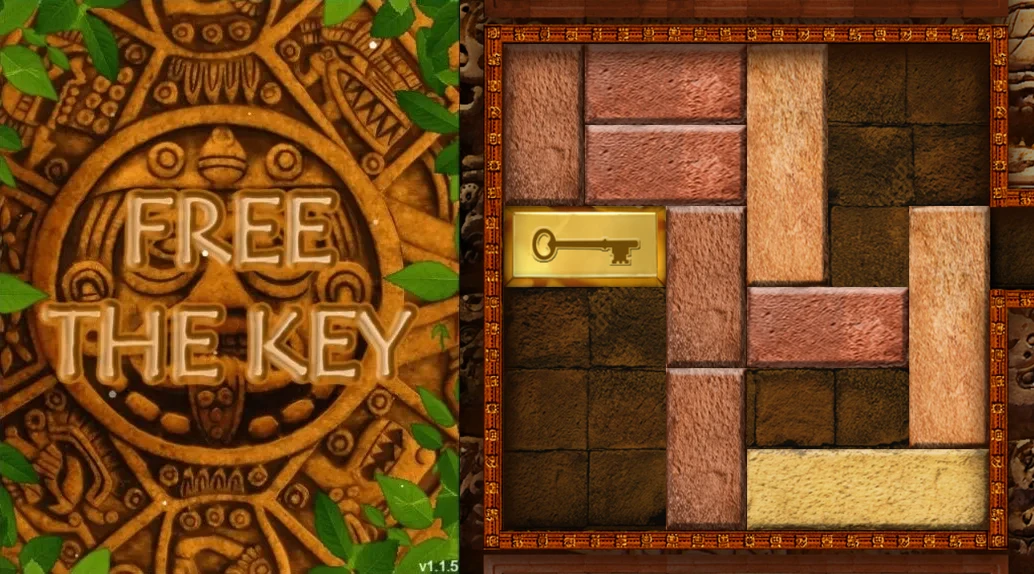 Free The Key:公式のタイトル画面と、石板・黄金の鍵が並ぶ公式盤面紹介図
