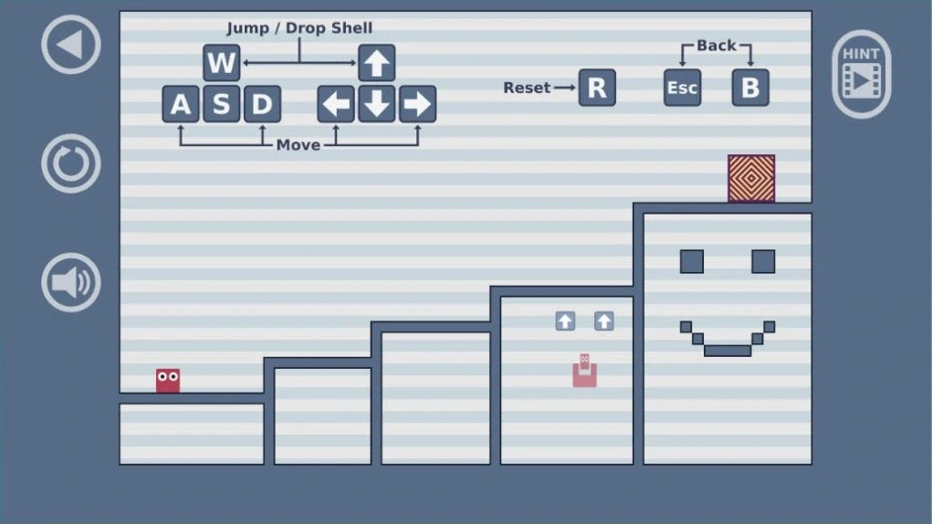 Jumping Shell：Jumping Shell の初期盤面。赤いキャラクターと階段状の足場、操作キーの案内が表示されている。