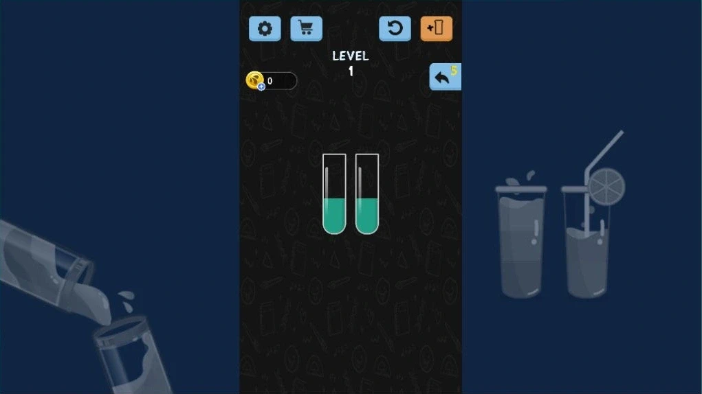 Water Color Sort：Water Color Sort の第 1 問。青緑の液体が入った 2 本の試験管とレベル表示を確認。