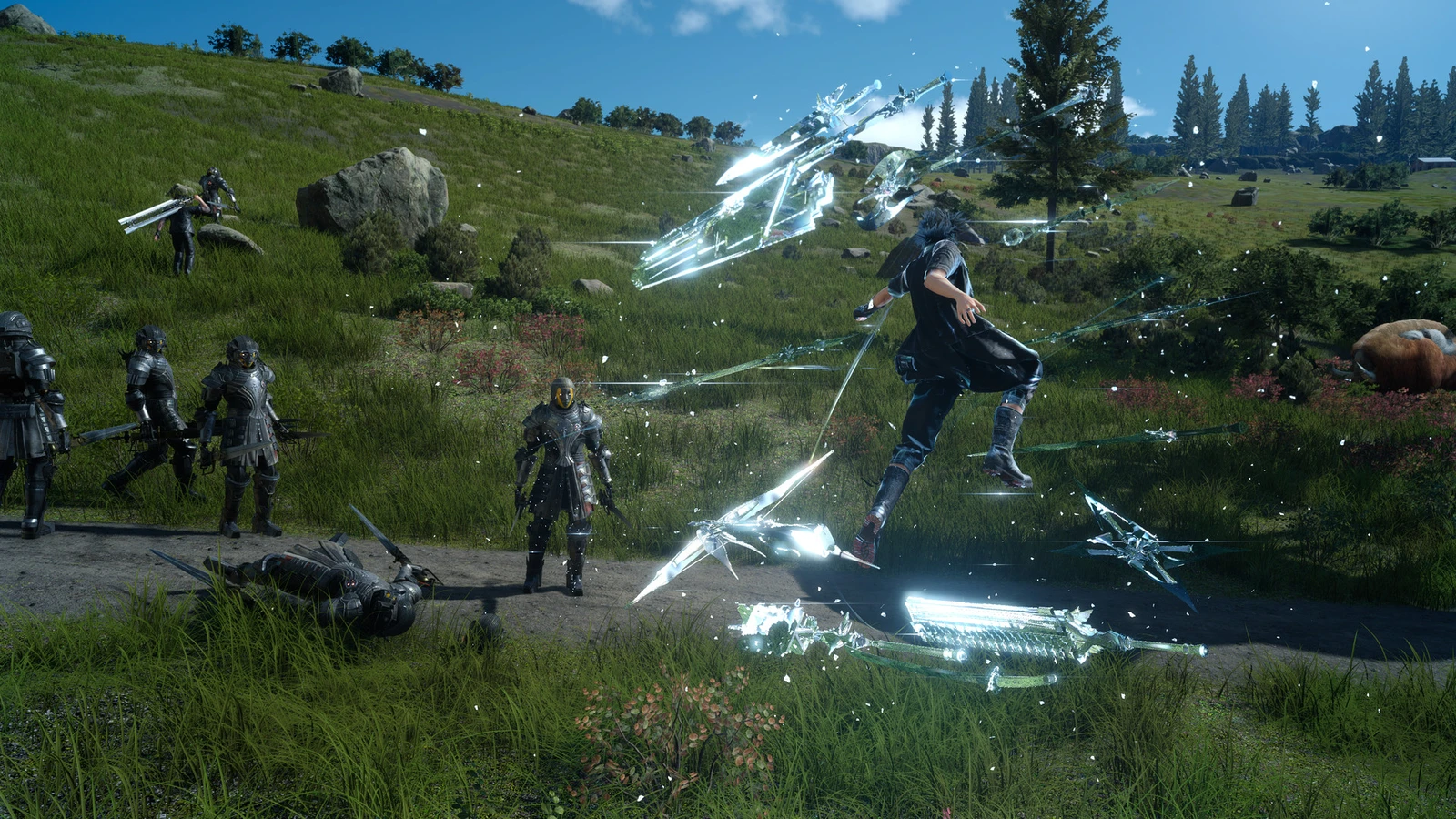 FINAL FANTASY XV WINDOWS EDITION：仲間と野外で戦う画面