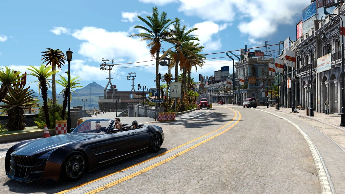FINAL FANTASY XV WINDOWS EDITION：車で街道を旅する画面