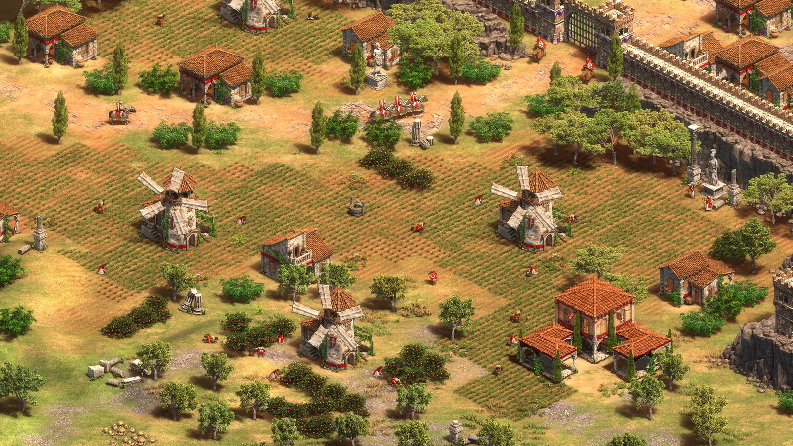 Age of Empires II: Definitive Edition：住民と農場のある拠点画面