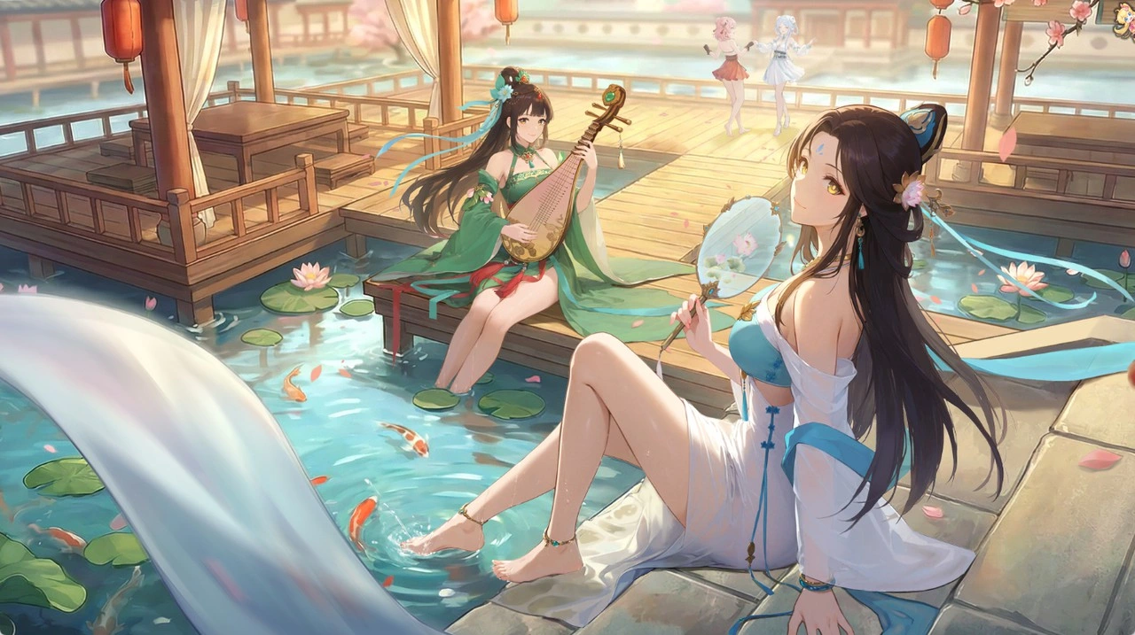 緋色三国：東洋風の浴場に登場人物が集まる、公式サービス開始告知の広報イラスト