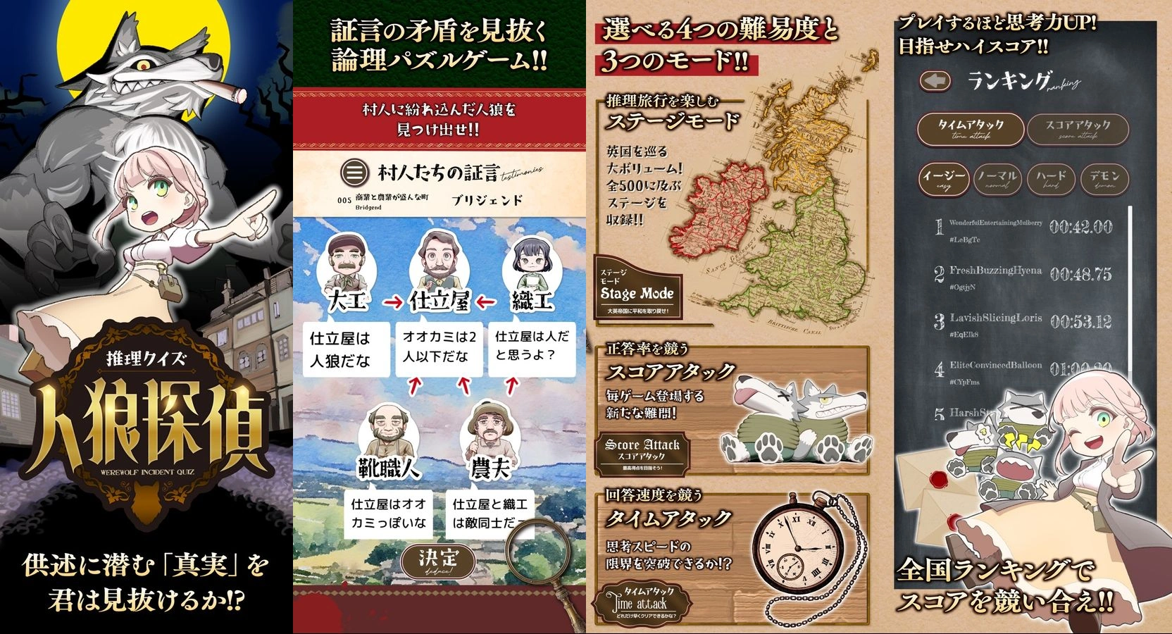 クイズ！人狼探偵：タイトルと登場人物、証言を読み比べる場面、三つのモード、ランキング