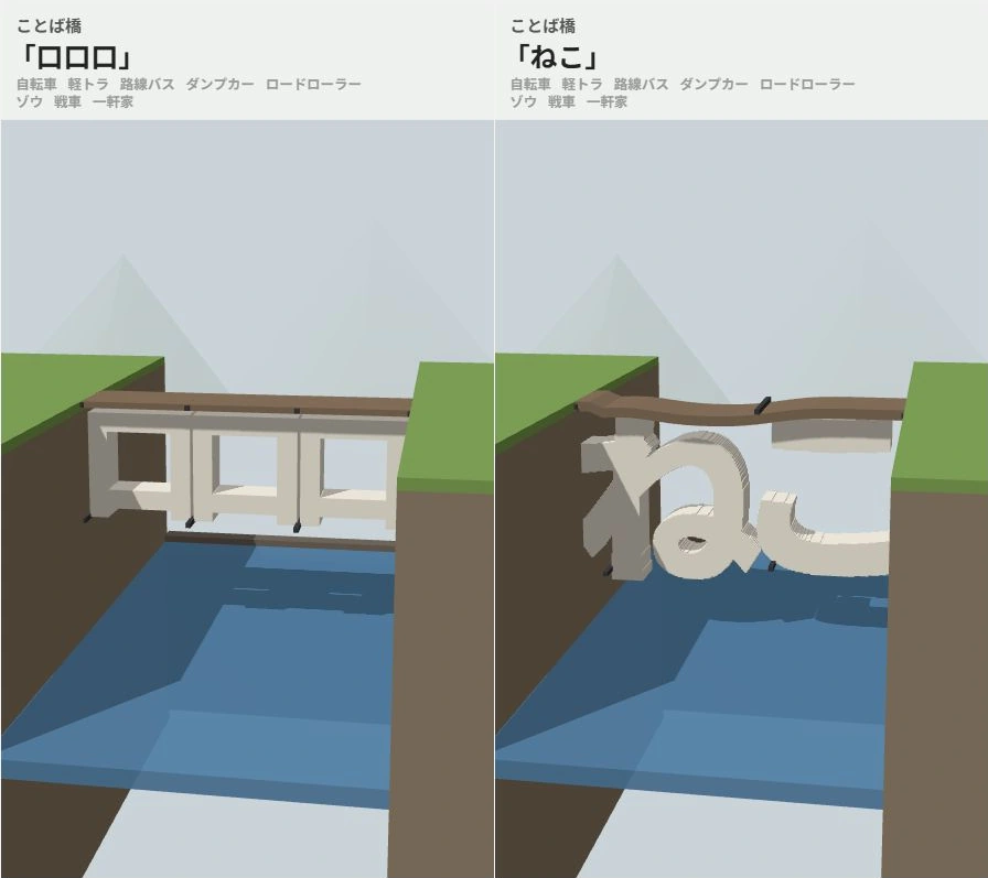 ことば橋:ブラウザ版で「口口口」と「ねこ」の字形を橋にした実画面