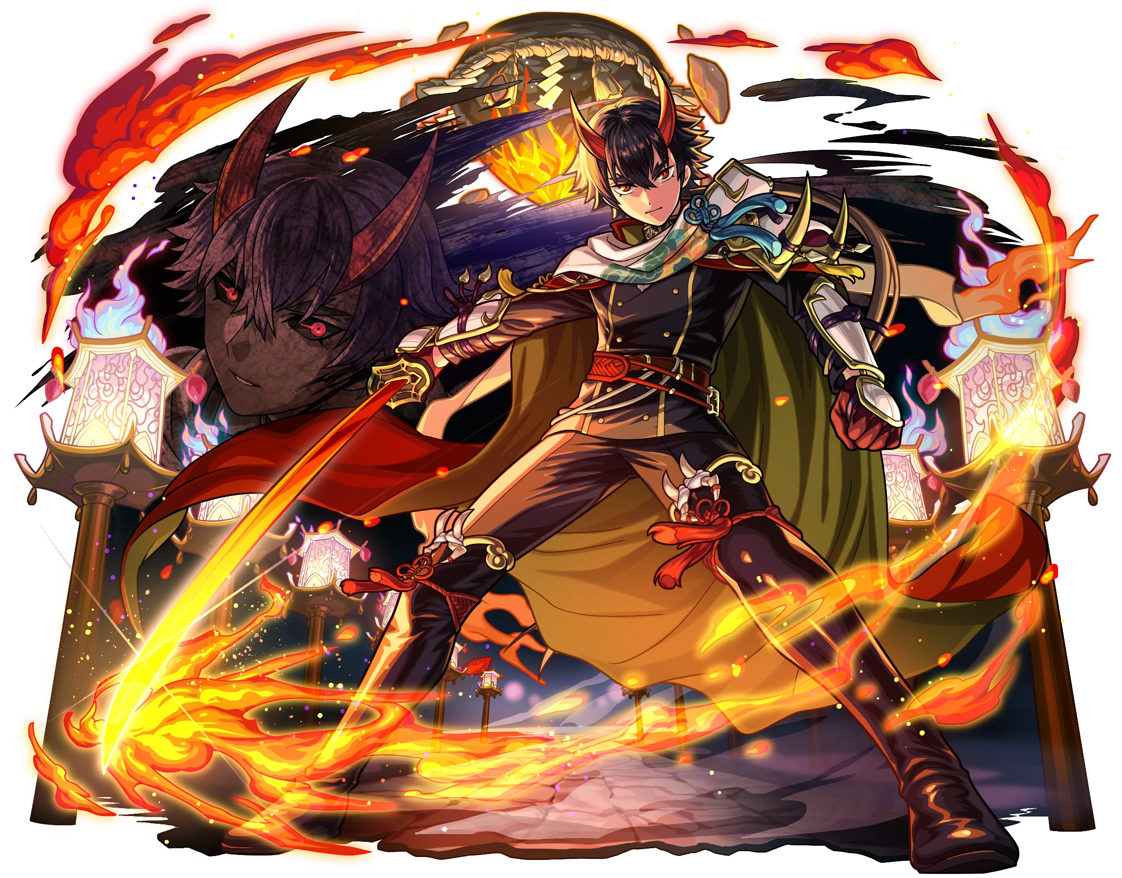 モンスト13周年の公式発表に掲載された、火属性の「勇武なる炎の天下五剣 鬼丸国綱」（獣神化・改）のキャラクターイラスト。操作画面ではありません。