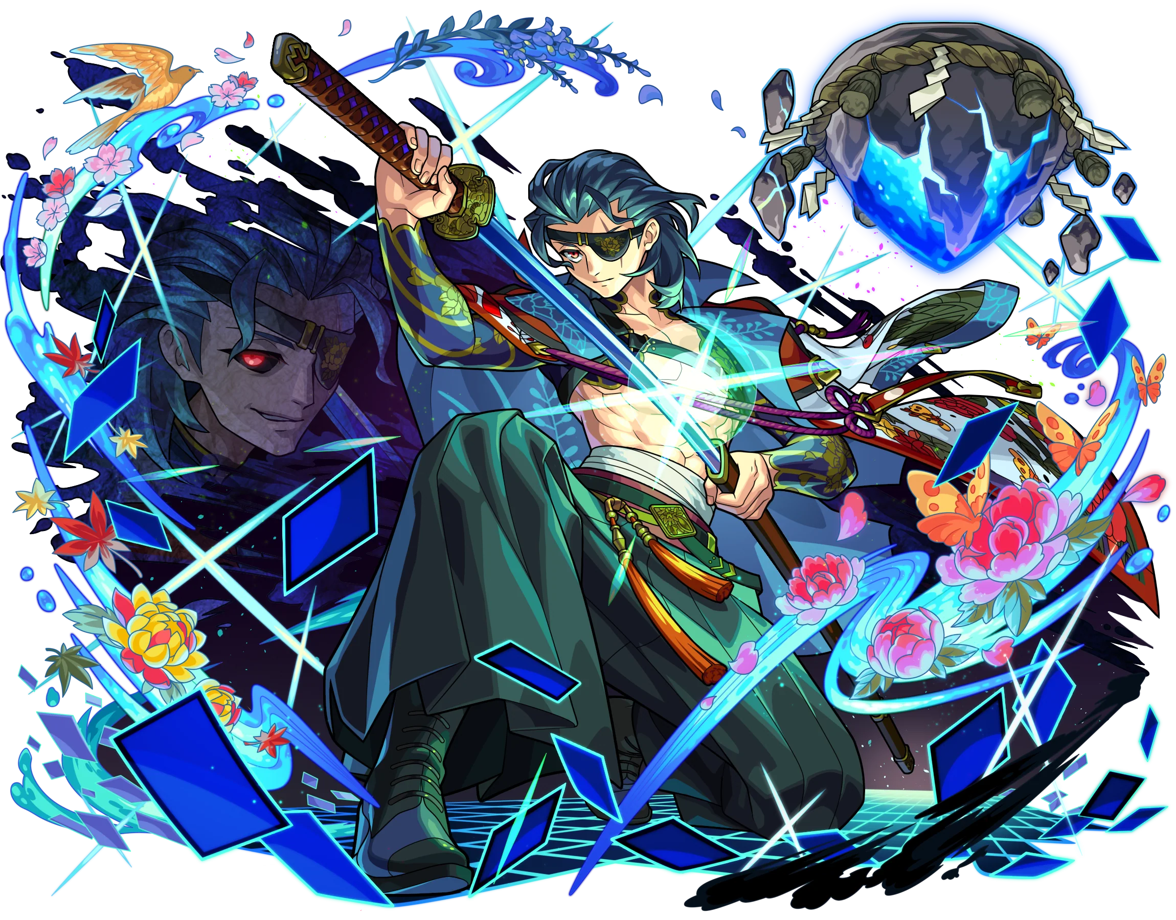 モンスト13周年の公式発表に掲載された、水属性の「流麗なる水の天下五剣 童子切安綱」（獣神化・改）のキャラクターイラスト。操作画面ではありません。