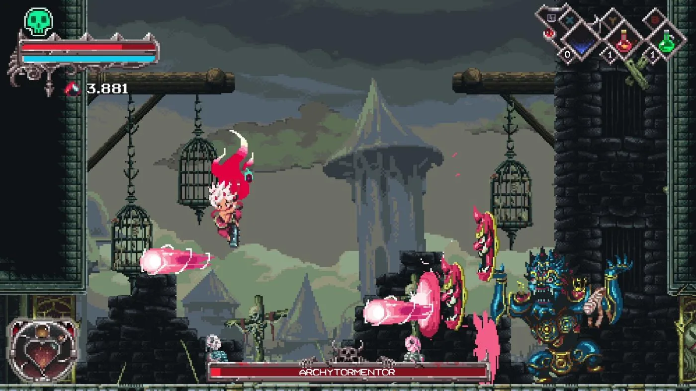 大型ボスARCHYTORMENTORの攻撃を空中でかわすオッコのゲーム画面