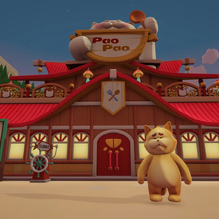 Pao Paoの看板がある食堂の前に立つ、動物のキャラクター。