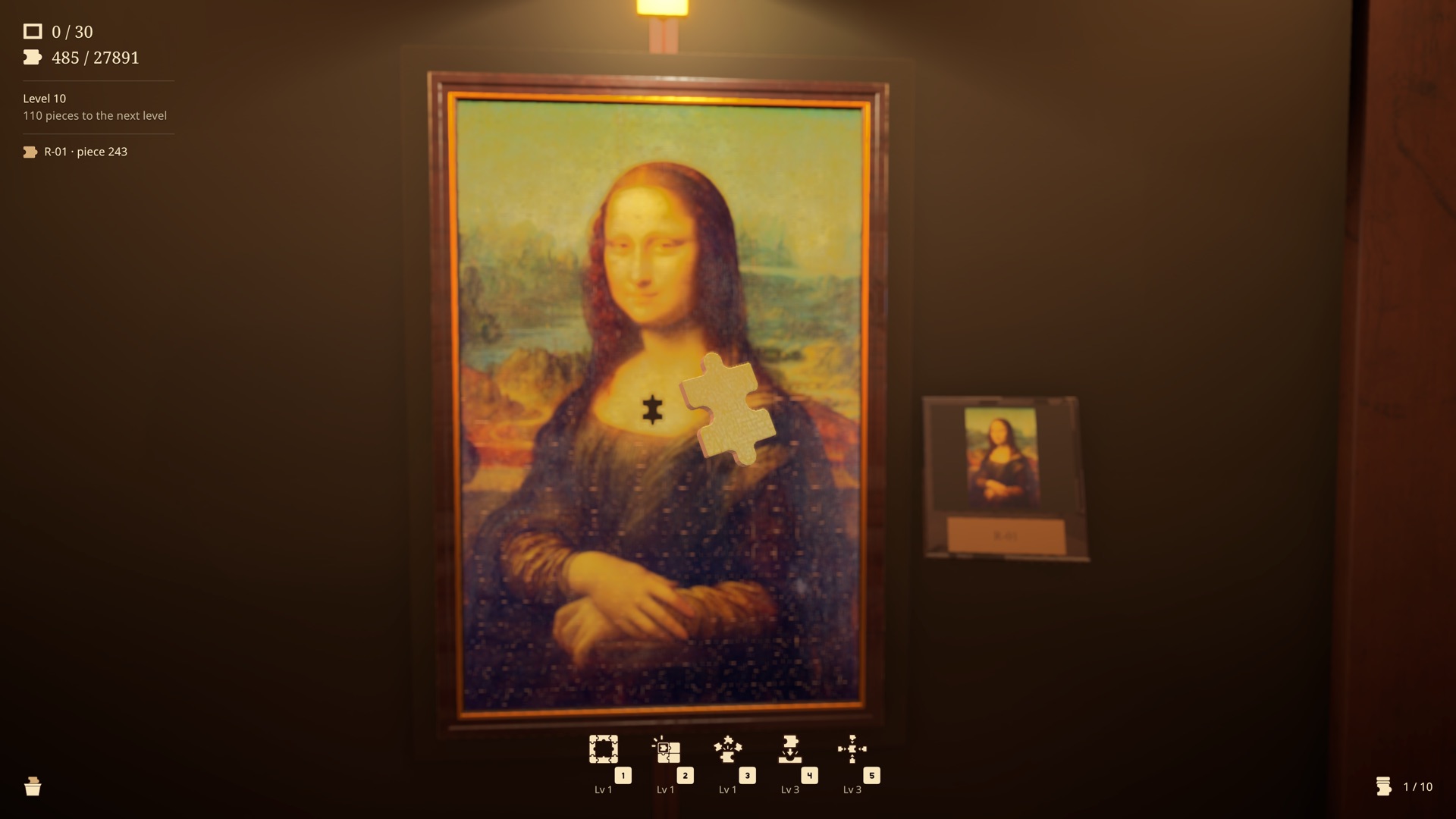 モナ・リザの絵へ、手に持ったジグソーピースを合わせる画面。