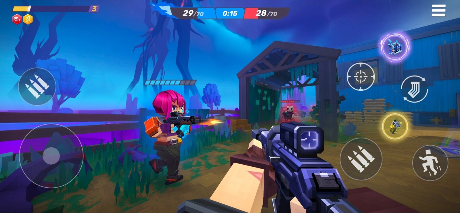Pixel Gun 2：青い農場のステージで銃を構えて敵と向き合う一人称視点の画面