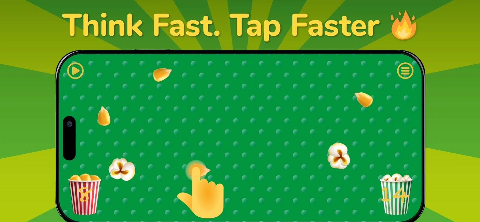 Popcorn: Pop the Corn：緑の盤面でトウモロコシをタップし、障害物を避ける公式紹介画面