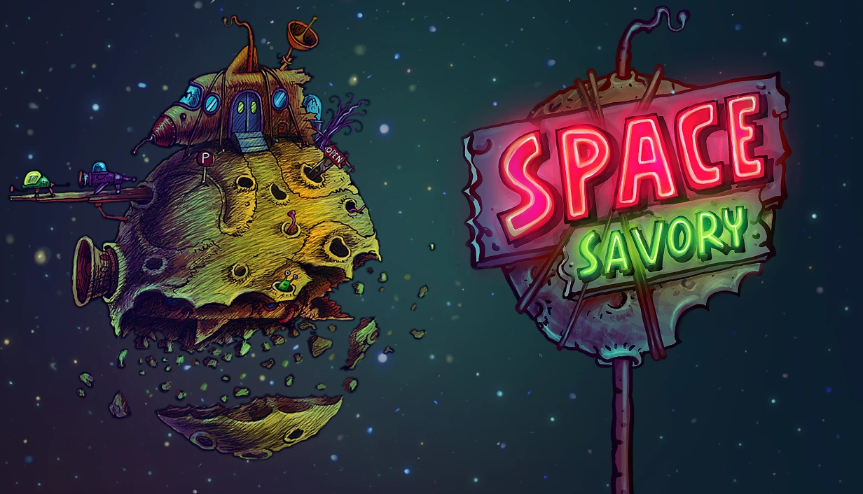 宇宙の食堂がある惑星と、Space Savoryの看板を描いた公式キーアート。