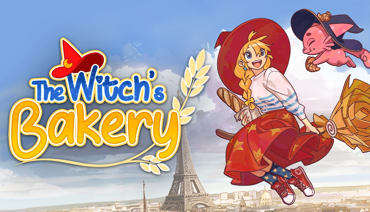 The Witch’s Bakery:パンを手にほうきでパリの空を飛ぶ魔女ルネと、公式タイトルのキービジュアル