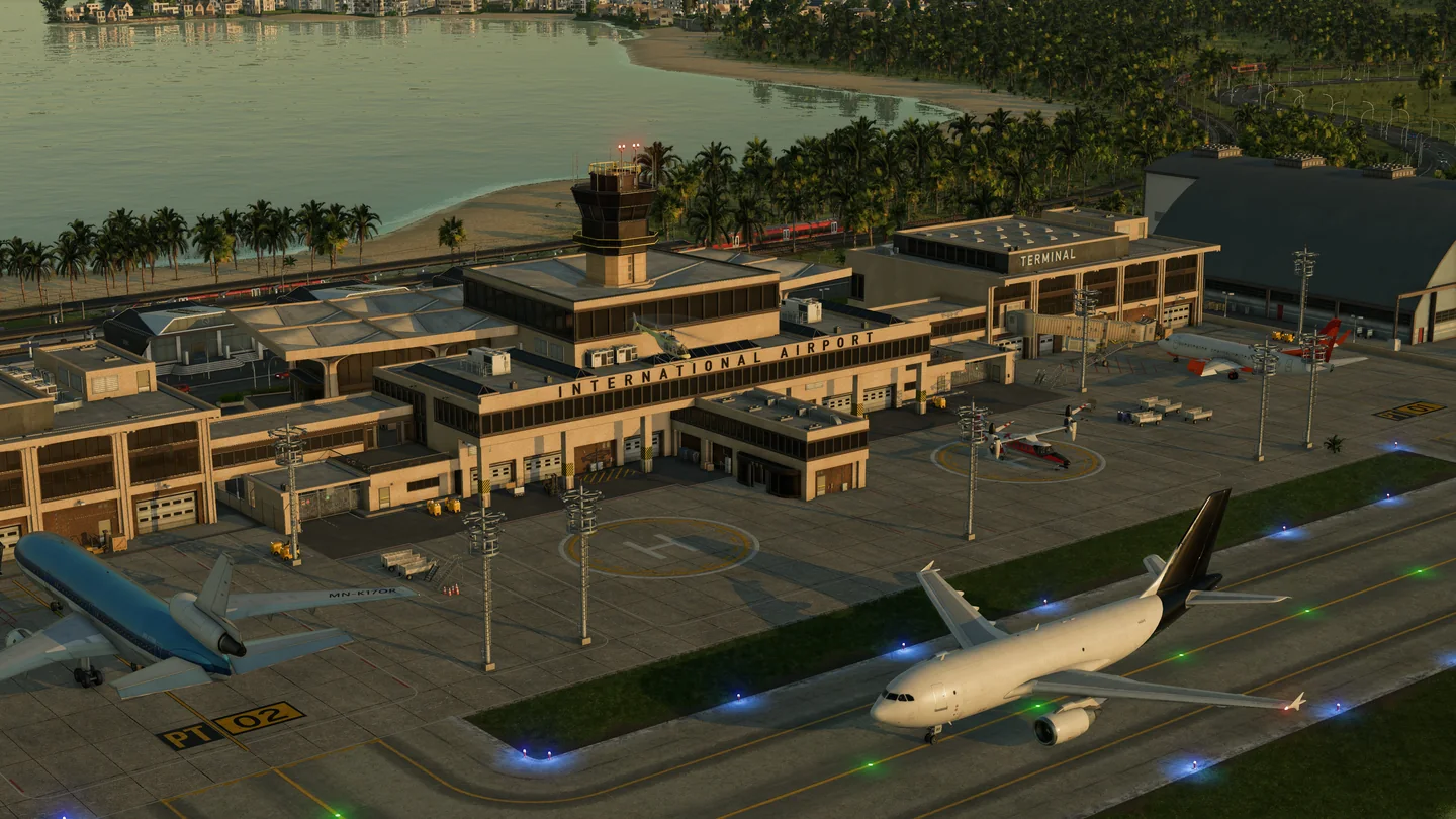 Transport Fever 3：空港ターミナル、航空機、背後の鉄道を見せる横長ゲーム画面