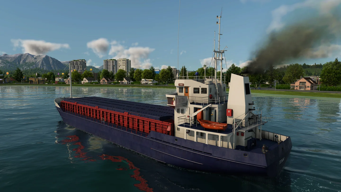 Transport Fever 3：沿岸都市を走る貨物船の画面