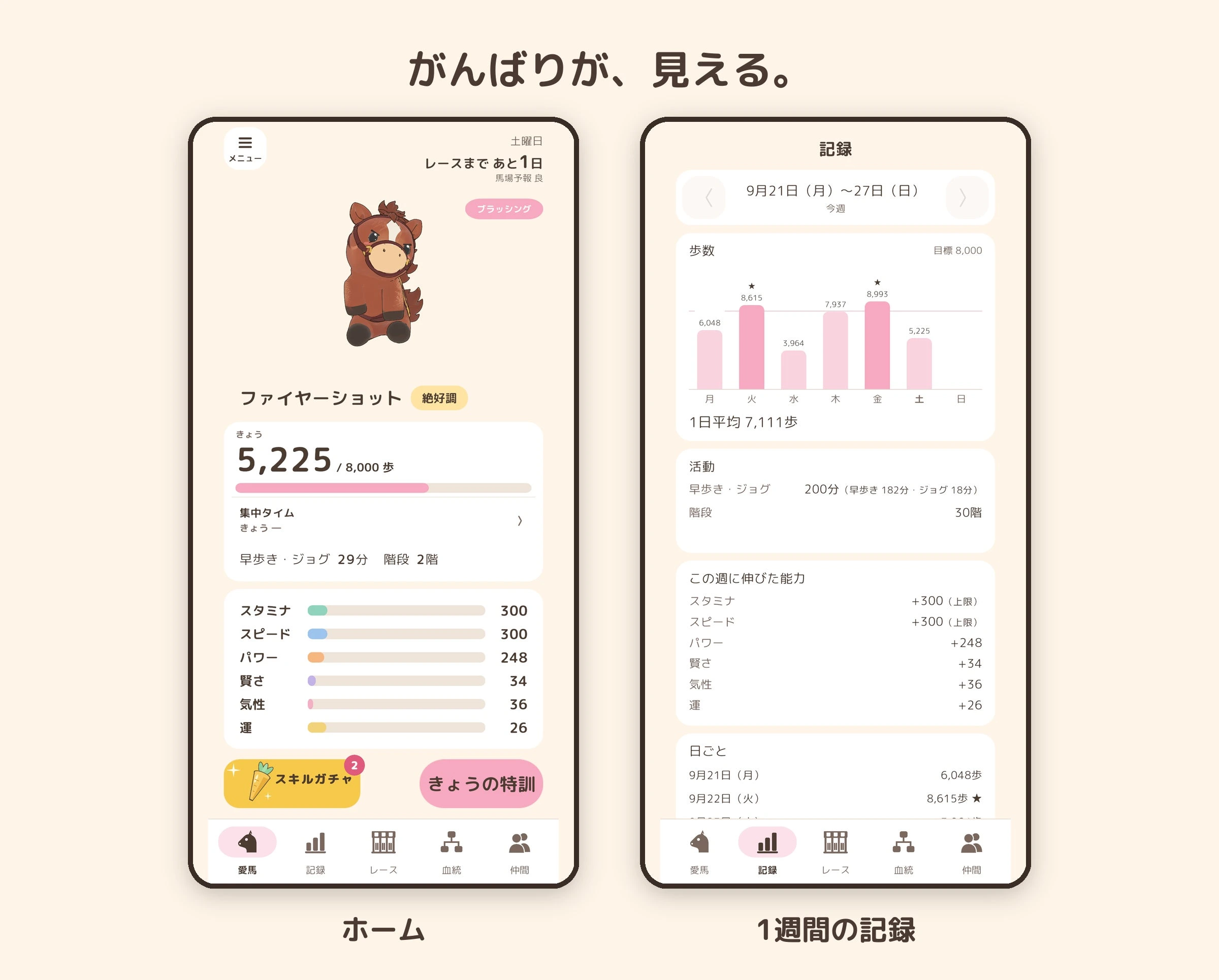 愛馬のホームと1週間の歩数記録。ふだんの活動が能力へ反映されます。