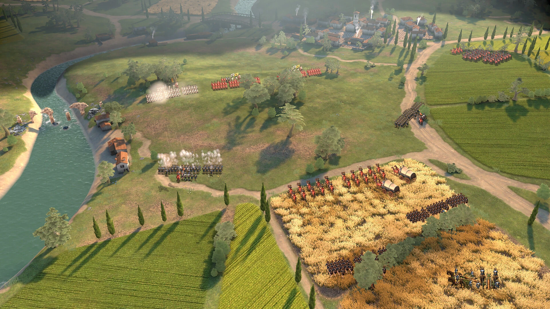 Veterans: Napoleonic Wars：川と畑の周囲に複数の部隊が戦列を広げる公式画面