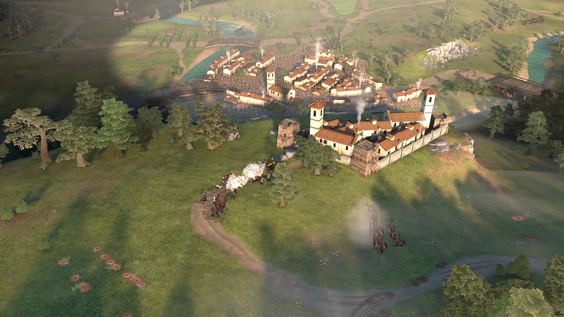 Veterans: Napoleonic Wars：建物や道路を囲む戦場に歩兵部隊を展開する公式画面