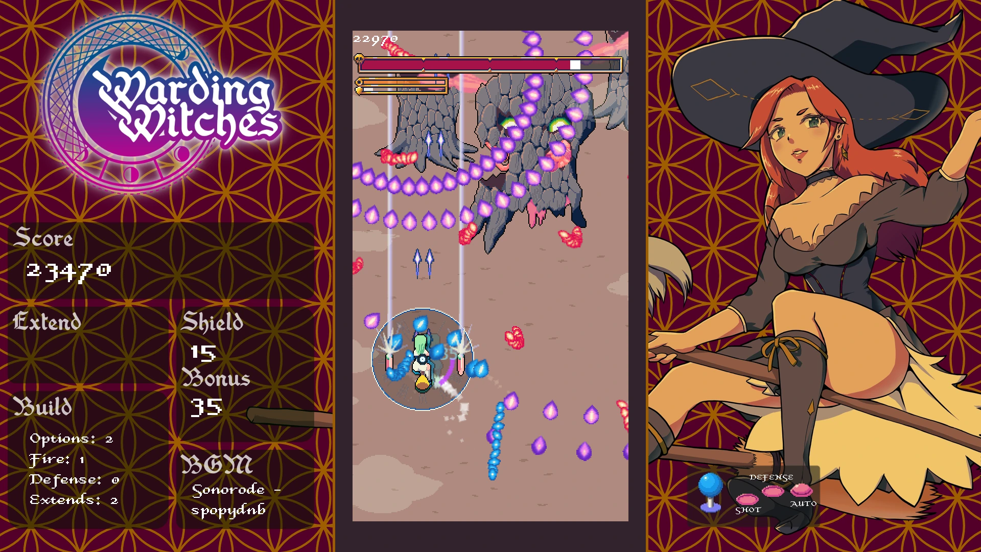 Warding Witches:敵の攻撃と得点表示が見える公式ゲーム画面