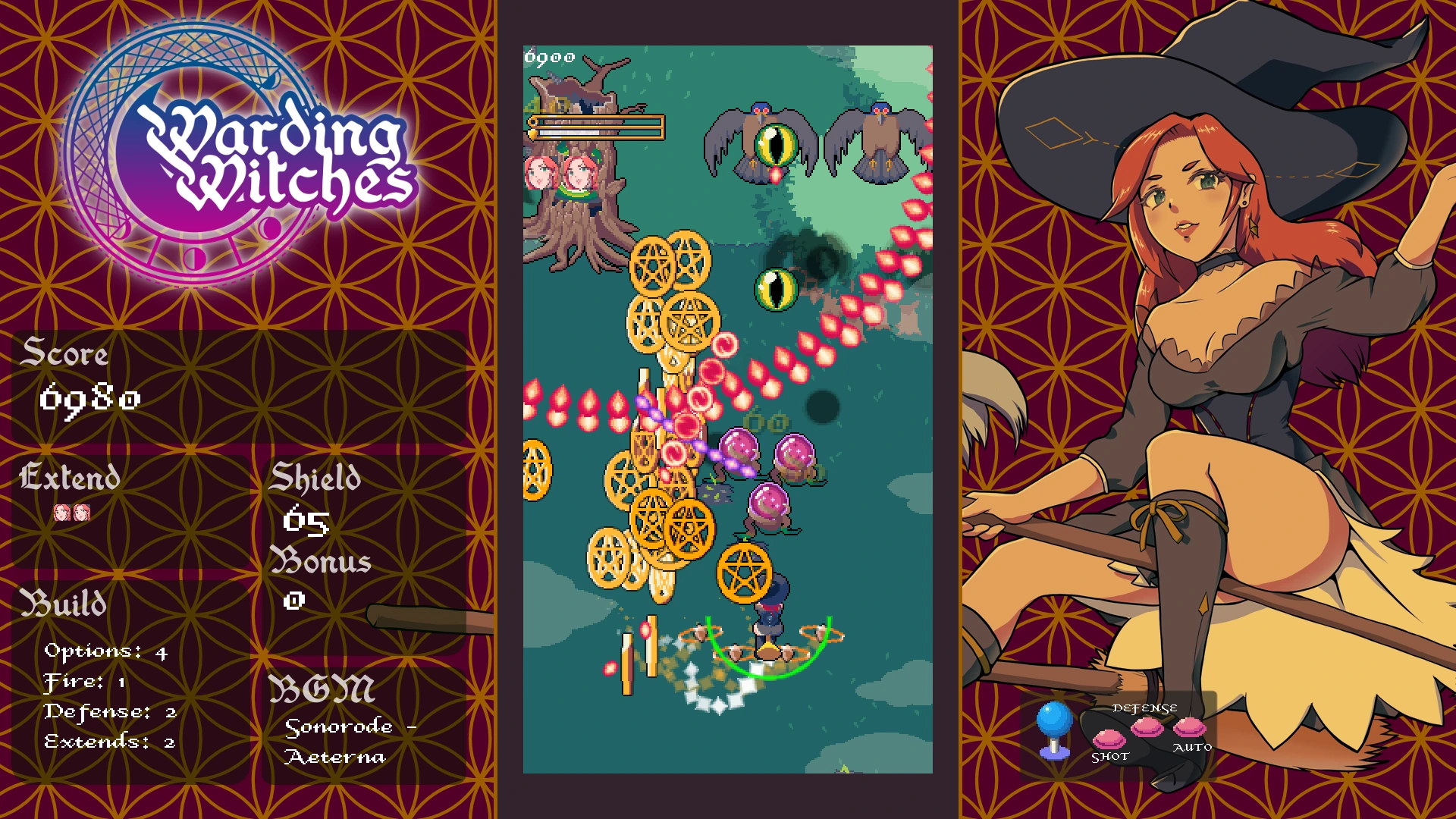 Warding Witches:魔女の射撃と多数の弾が交差する公式ゲーム画面