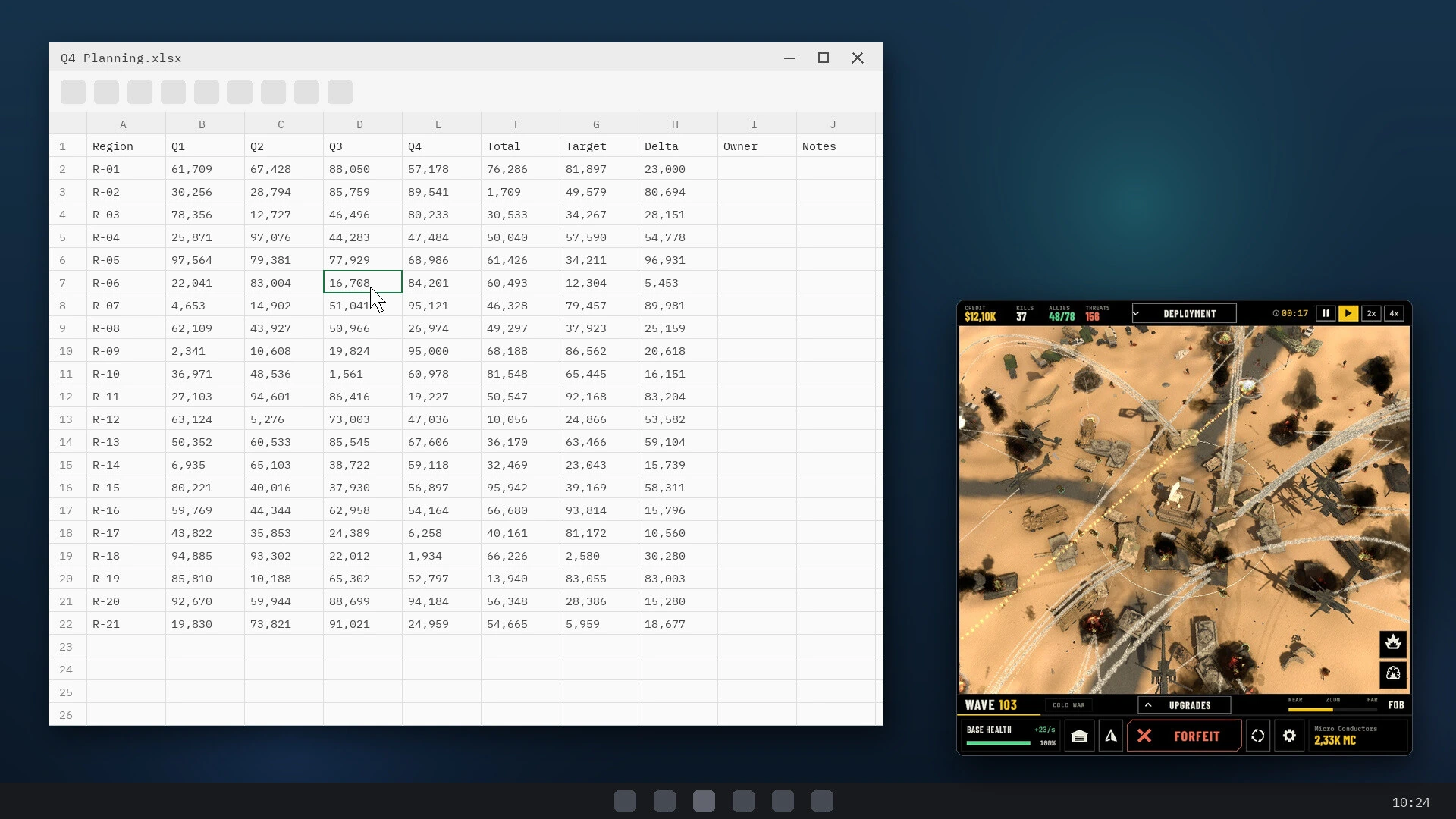 Wartide：表計算ウィンドウと並べて小さく表示した基地防衛