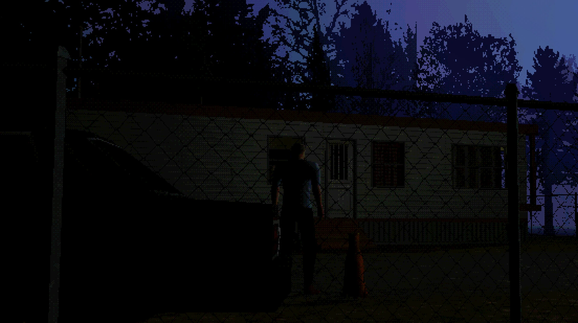 What The Dog Remembers:柵越しにトレーラーと人影を見渡す公式ゲーム画面