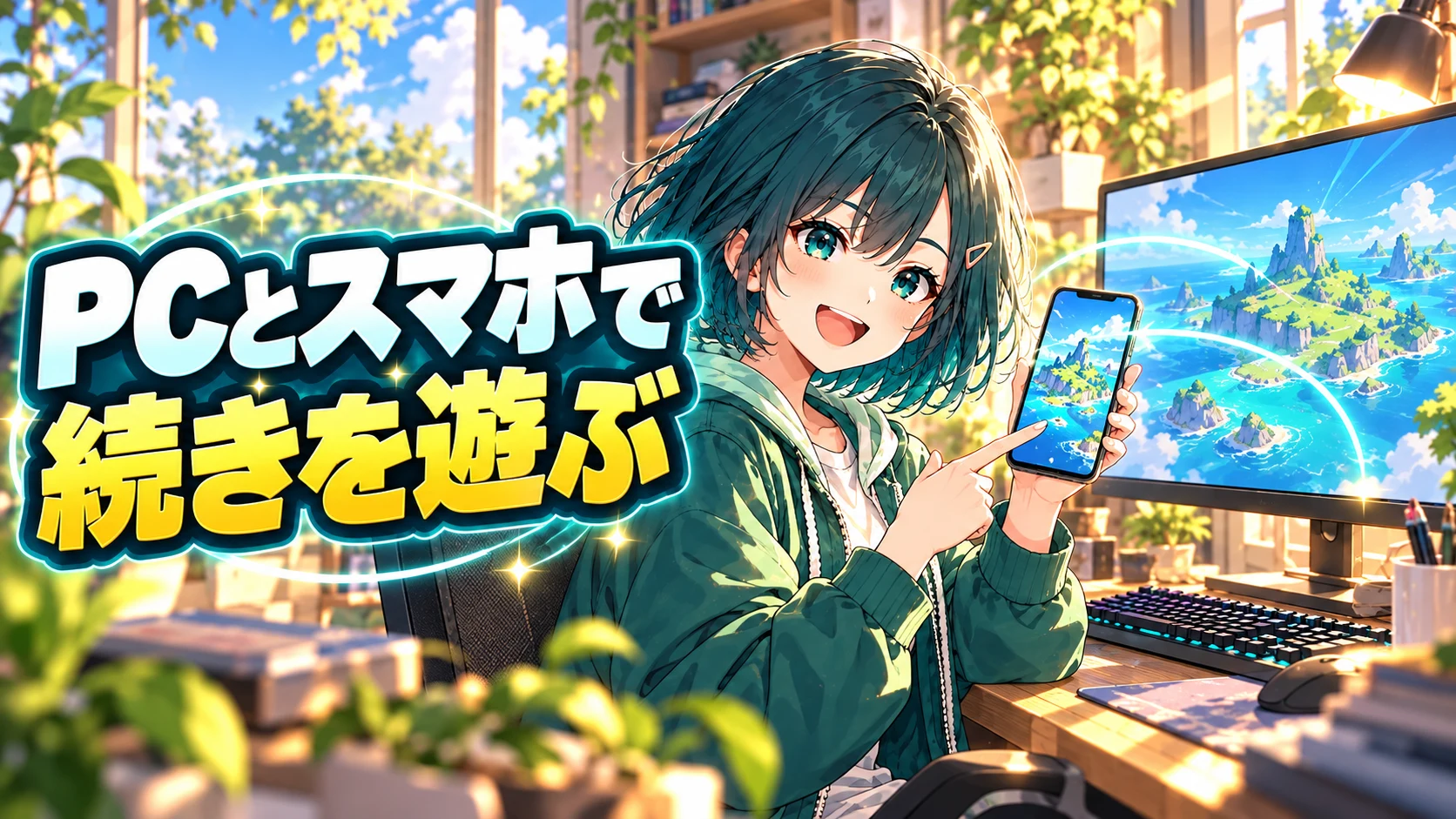 PCとスマホで続きを遊ぶ — たよりと同じ島を映すPC・スマホの編集イラスト