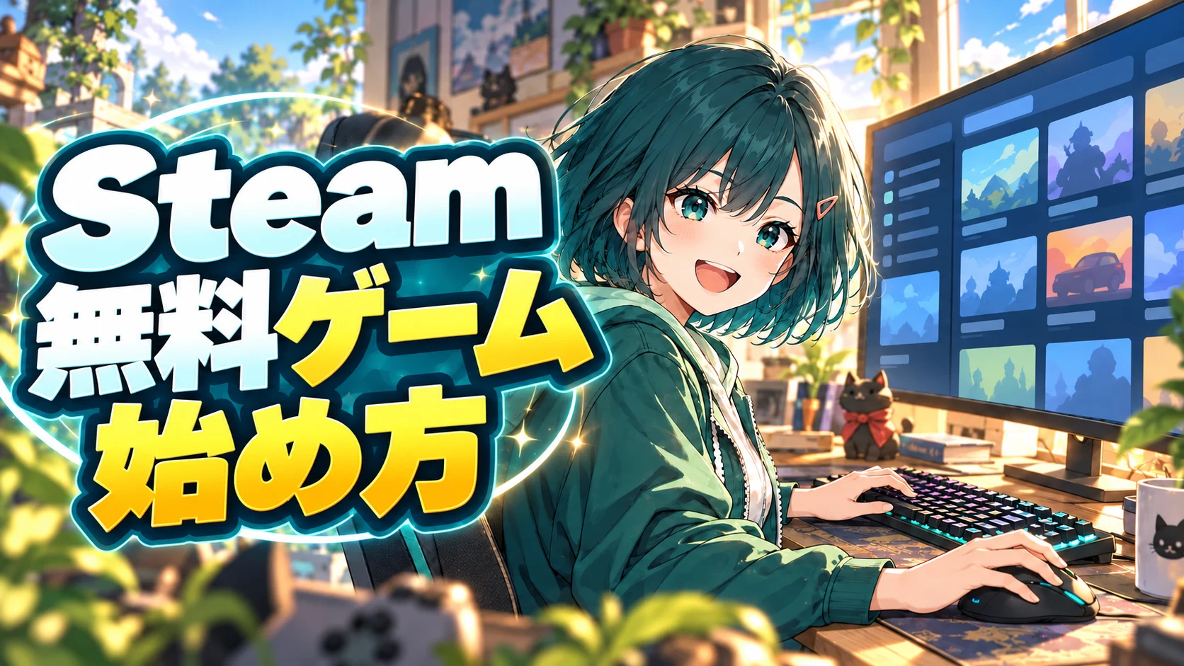 Steam無料ゲームの始め方 — 案内役のたよりとPCのイラスト